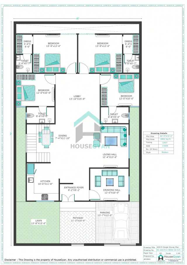40X70 East Facing 4BHK Ground Floor House Plan | 2800 Sqft Plot Floor Plan 40X70 East Facing 4BHK Ground Floor House Plan