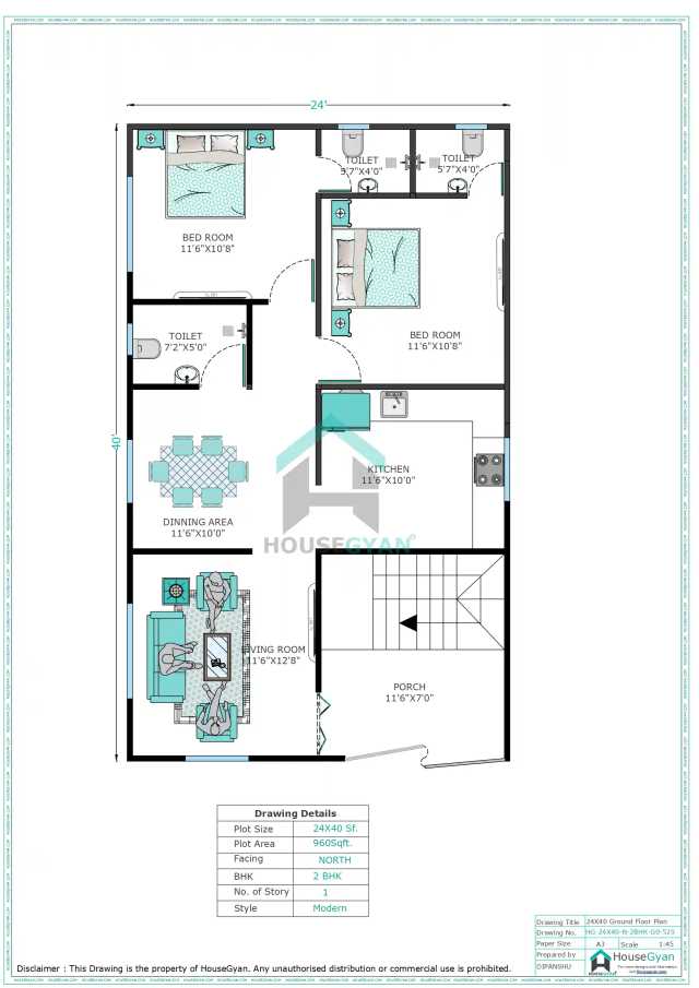 24X40 North Facing 2BHK Ground Floor House Plan | 960 Sqft Plot Floor Plan 24X40 North Facing 2BHK Ground Floor House Plan | 960 Sqft Plot Floor Plan