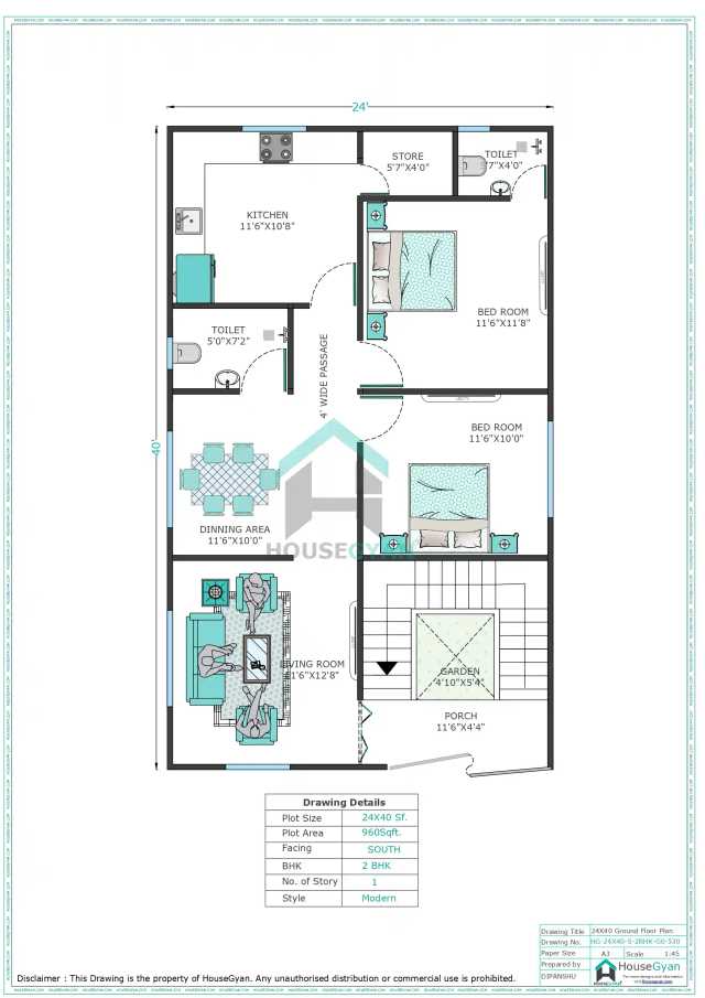 24X40 South Facing 2BHK Ground Floor House Plan | 960 Sqft Plot Floor Plan 24X40 South Facing 2BHK Ground Floor House Plan