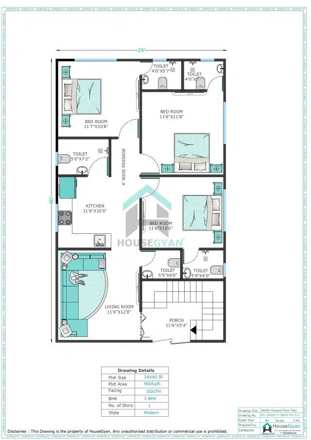 24X40 South Facing 3BHK Ground Floor House Plan | 960 Sqft Plot Floor Plan 24X40 South Facing 3BHK Ground Floor House Plan