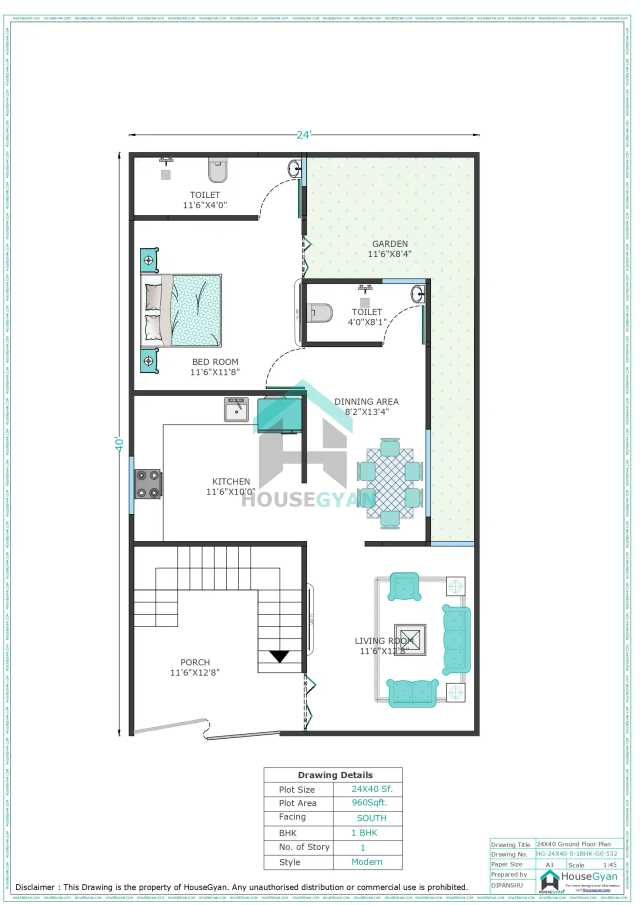 24X40 South Facing 1BHK Ground Floor House Plan | 960 Sqft Plot Floor Plan 24X40 South Facing 1BHK Ground Floor House Plan