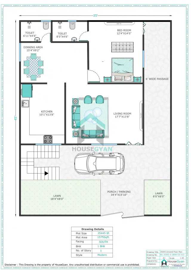 35X45 South Facing 1BHK Ground Floor House Plan | 1575 Sqft Plot Floor Plan 35X45 South Facing 1BHK Ground Floor House Plan