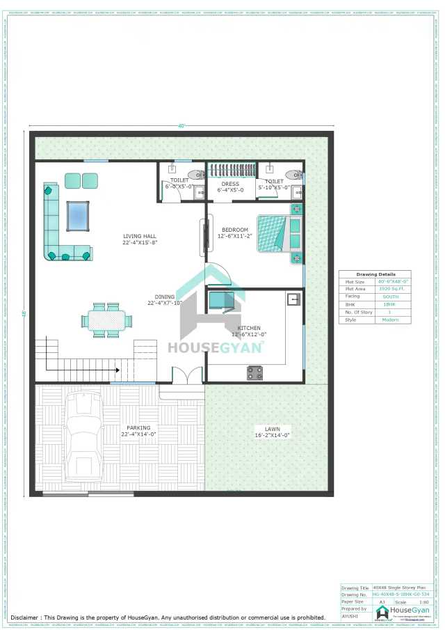 40X48 South Facing 1BHK Ground Floor House Plan | 1920 Sqft Plot Floor Plan 40X48 South Facing 1BHK Ground Floor House Plan