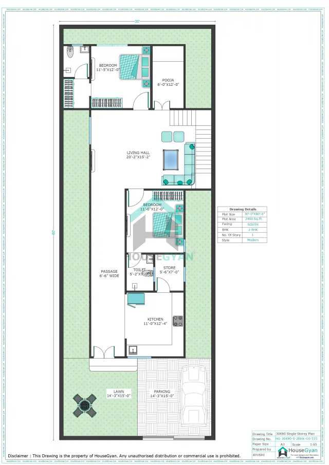 30X80 South Facing 2BHK Ground Floor House Plan | 2400 Sqft Plot Floor Plan 30X80 South Facing 2BHK Ground Floor House Plan