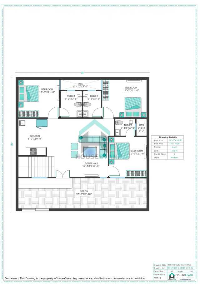 39X39 East Facing 3BHK Ground Floor House Plan | 1521 Sqft Plot Floor Plan 39X39 East Facing 3BHK Ground Floor House Plan