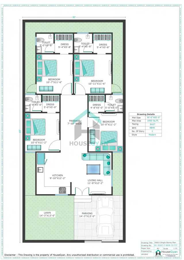 30X65 East Facing 4BHK Ground Floor House Plan | 1950 Sqft Plot Floor Plan 30X65 East Facing 4BHK Ground Floor House Plan