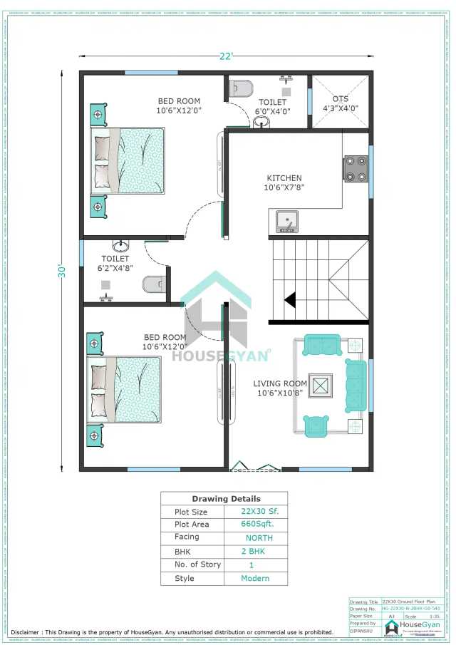 22X30 North Facing 2BHK Ground Floor House Plan | 660 Sqft Plot Floor Plan 22X30 North Facing 2BHK Ground Floor House Plan