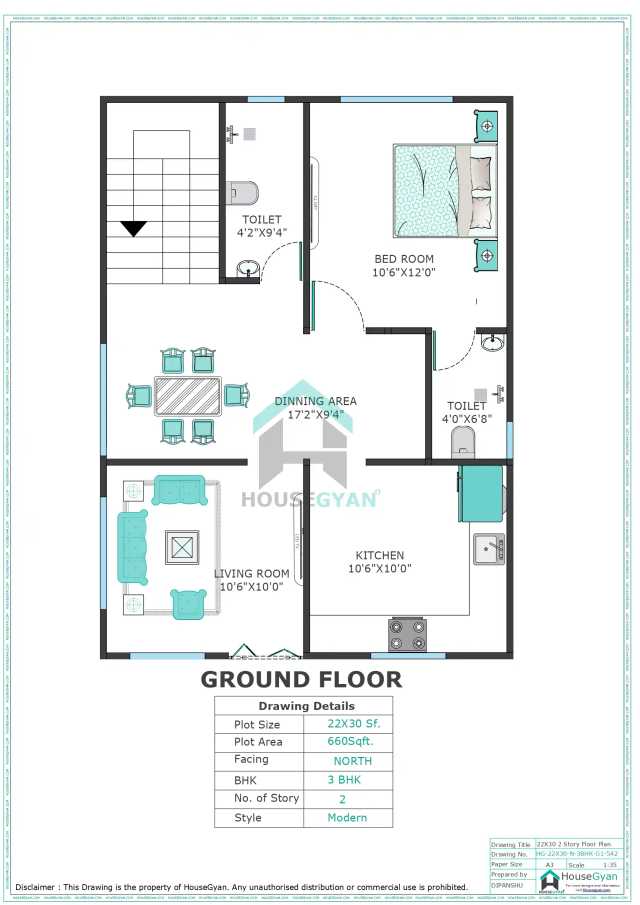 22X30 North Facing 3BHK First Floor House Plan | 660 Sqft Plot Floor Plan 22X30 North Facing 3BHK First Floor House Plan