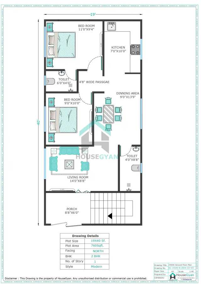 19X40 North Facing 2BHK Ground Floor House Plan | 760 Sqft Plot Floor Plan 19X40 North Facing 2BHK Ground Floor House Plan | 760 Sqft Plot Floor Plan