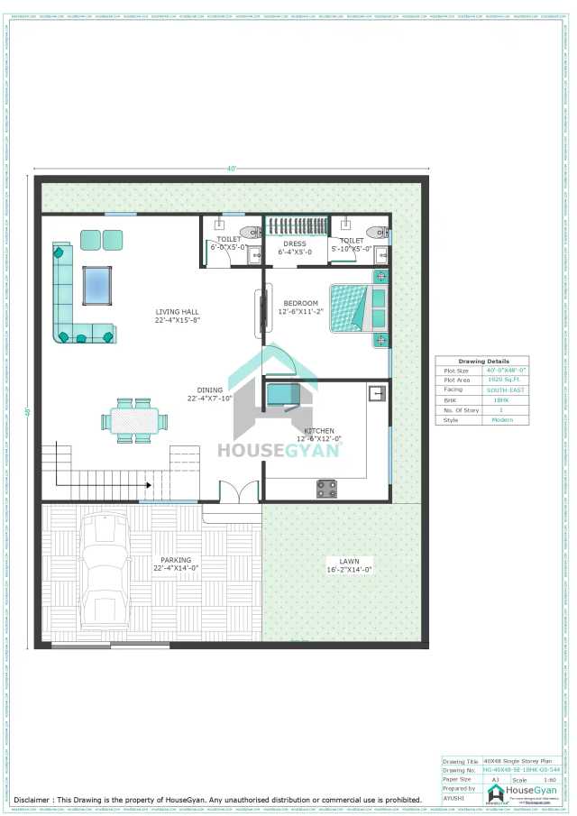 40X48 South East Facing 1BHK Ground Floor House Plan | 1920 Sqft Plot Floor Plan 40X48 South East Facing 1BHK Ground Floor House Plan