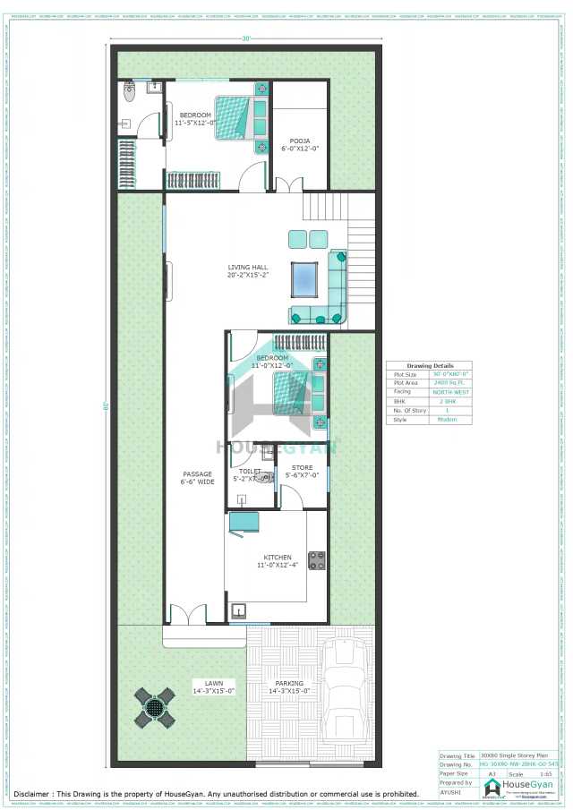 30X80 North West Facing 2BHK Ground Floor House Plan | 2400 Sqft Plot Floor Plan 30X80 North West Facing 2BHK Ground Floor House Plan