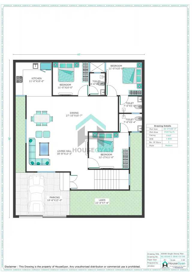 40X48 East Facing 3BHK Ground Floor House Plan | 1920 Sqft Plot Floor Plan 40X48 East Facing 3BHK Ground Floor House Plan