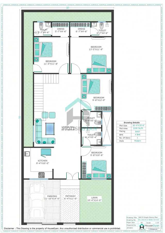 30X70 East Facing 4BHK Ground Floor House Plan | 2100 Sqft Plot Floor Plan 30X70 East Facing 4BHK Ground Floor House Plan