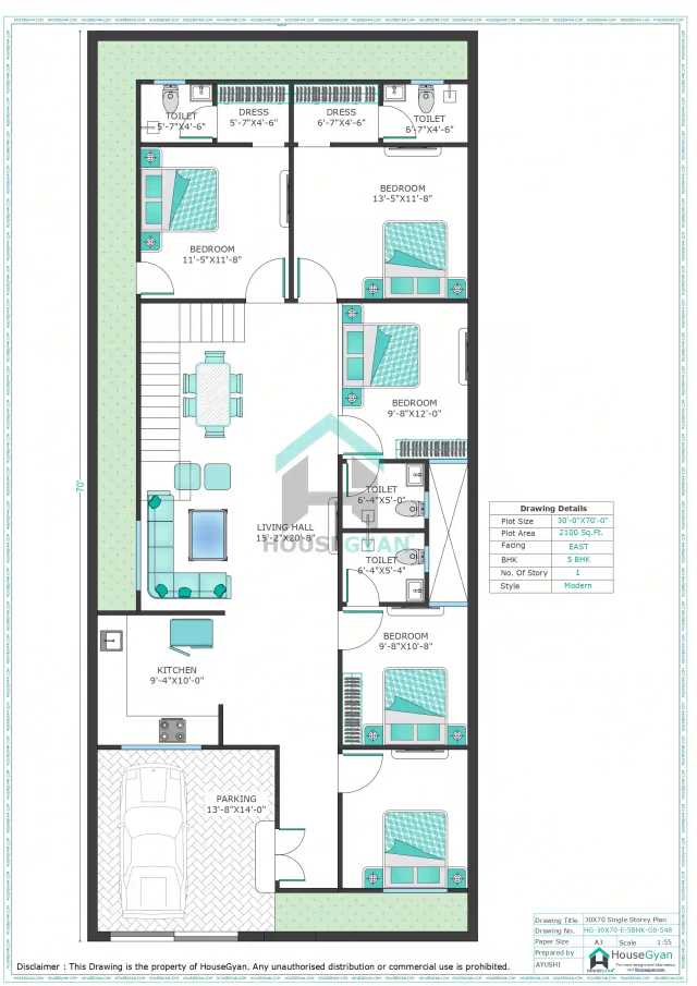 30X70 East Facing 5BHK Ground Floor House Plan | 2100 Sqft Plot Floor Plan 30X70 East Facing 5BHK Ground Floor House Plan