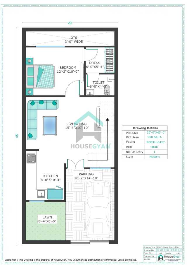 20X45 North East Facing 1BHK Ground Floor House Plan | 900 Sqft Plot Floor Plan 20X45 North East Facing 1BHK Ground Floor House Plan