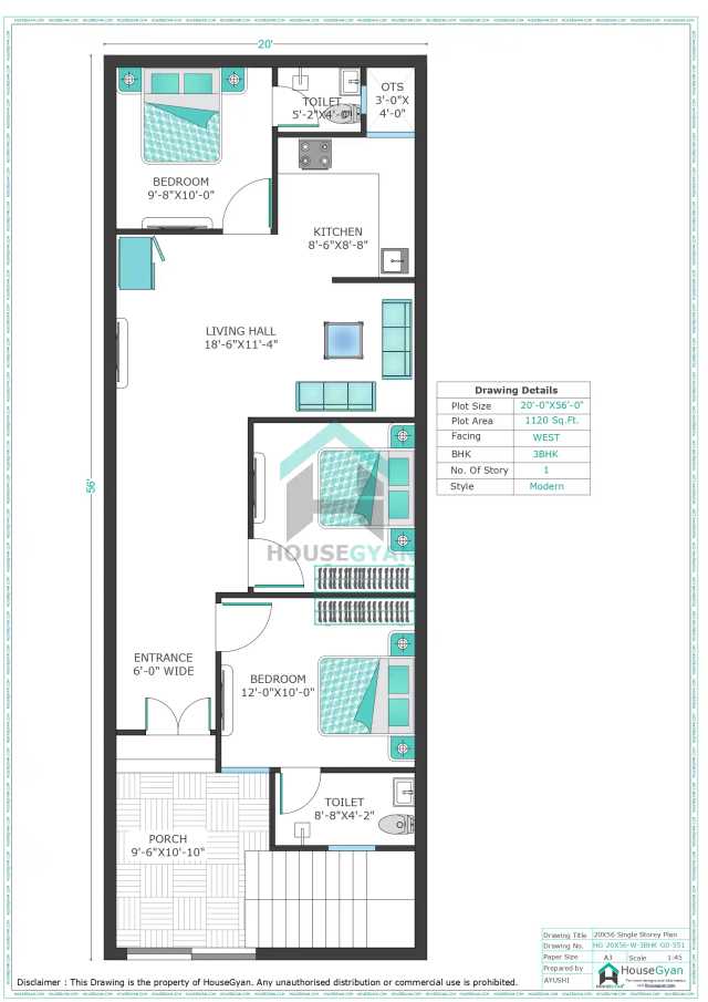 20X56 West Facing 3BHK Ground Floor House Plan | 1120 Sqft Plot Floor Plan 20X56 West Facing 3BHK Ground Floor House Plan