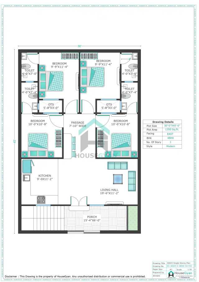 30X45 East Facing 4BHK Ground Floor House Plan | 1350 Sqft Plot Floor Plan 30X45 East Facing 4BHK Ground Floor House Plan