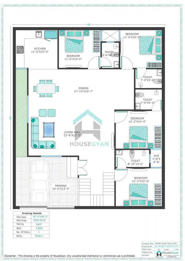 40X48 East Facing 4BHK Ground Floor House Plan | 1920 Sqft Plot Floor Plan 40X48 East Facing 4BHK Ground Floor House Plan