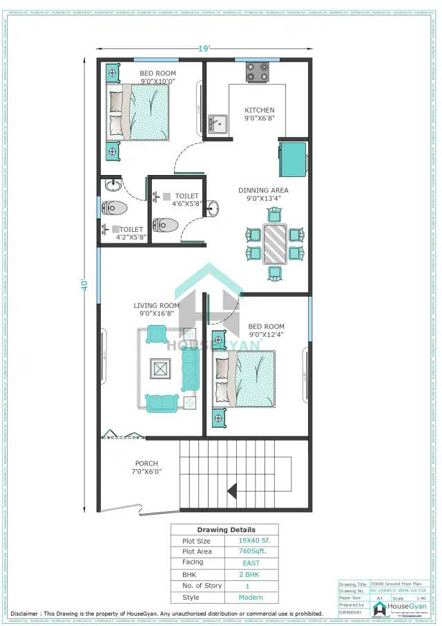 19X40 East Facing 2BHK Ground Floor House Plan | 760 Sqft Plot Floor Plan 19X40 East Facing 2BHK Ground Floor House Plan | 760 Sqft Plot Floor Plan
