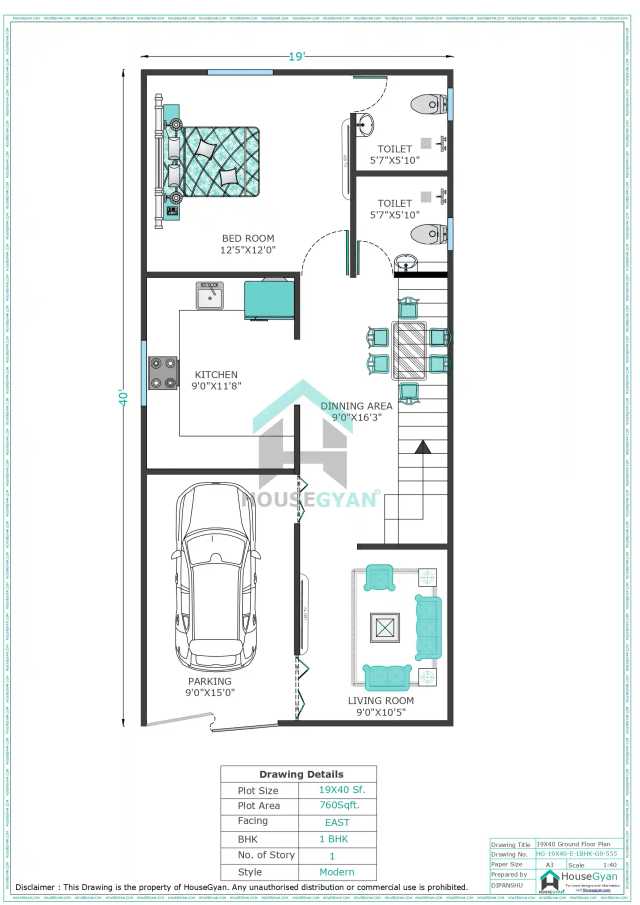 19X40 East Facing 1BHK Ground Floor House Plan | 760 Sqft Plot Floor Plan 19X40 East Facing 1BHK Ground Floor House Plan