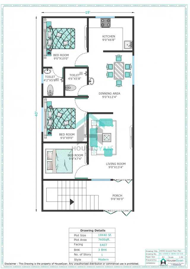 19X40 East Facing 3BHK Ground Floor House Plan | 760 Sqft Plot Floor Plan 19X40 East Facing 3BHK Ground Floor House Plan