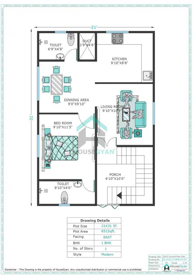 21X31 East Facing 1BHK Ground Floor House Plan | 651 Sqft Plot Floor Plan 21X31 East Facing 1BHK Ground Floor House Plan | 651 Sqft Plot Floor Plan