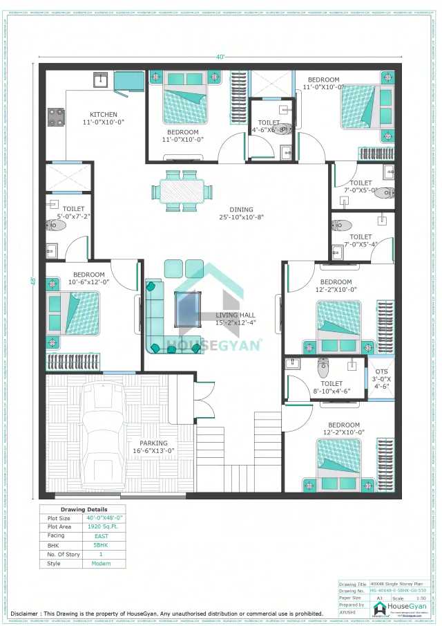 40X48 East Facing 5BHK Ground Floor House Plan | 1920 Sqft Plot Floor Plan 40X48 East Facing 5BHK Ground Floor House Plan