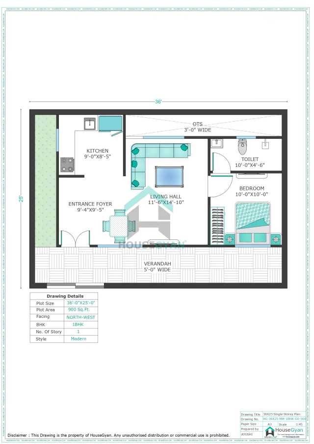 36X25 North West Facing 1BHK Ground Floor House Plan | 900 Sqft Plot Floor Plan 36X25 North West Facing 1BHK Ground Floor House Plan