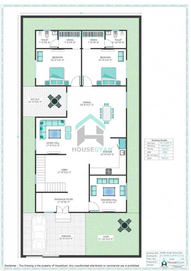 40X80 South Facing 2BHK Ground Floor House Plan | 3200 Sqft Plot Floor Plan 40X80 South Facing 2BHK Ground Floor House Plan
