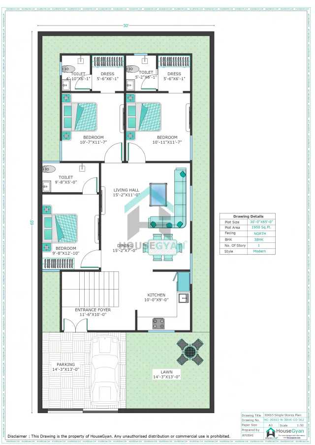30X65 North Facing 3BHK Ground Floor House Plan | 1950 Sqft Plot Floor Plan 30X65 North Facing 3BHK Ground Floor House Plan