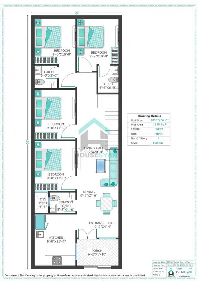20X56 West Facing 4BHK Ground Floor House Plan | 1120 Sqft Plot Floor Plan 20X56 West Facing 4BHK Ground Floor House Plan