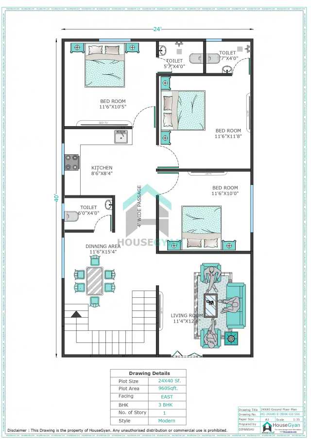 24X40 East Facing 3BHK Ground Floor House Plan | 960 Sqft Plot Floor Plan 24X40 East Facing 3BHK Ground Floor House Plan