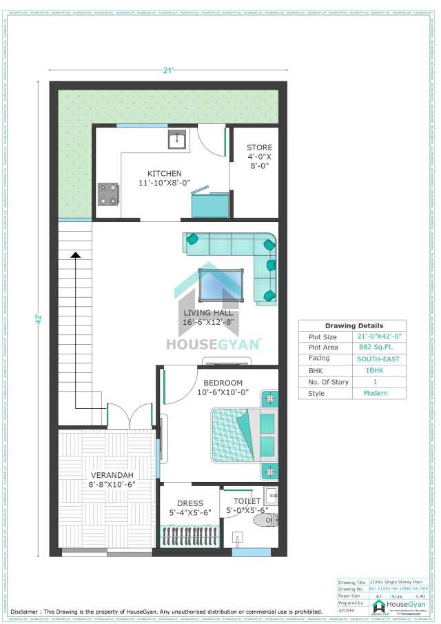 21X42 South East Facing 1BHK Ground Floor House Plan | 882 Sqft Plot Floor Plan 21X42 South East Facing 1BHK Ground Floor House Plan | 882 Sqft Plot Floor Plan