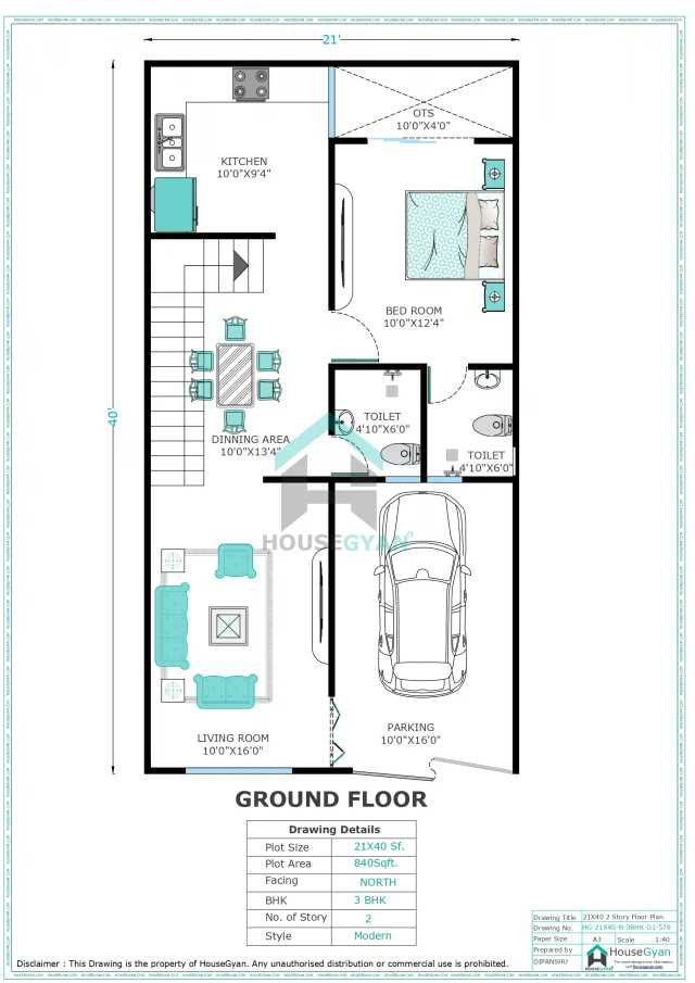 21X40 North Facing 3BHK First Floor House Plan | 840 Sqft Plot Floor Plan 21X40 North Facing 3BHK First Floor House Plan