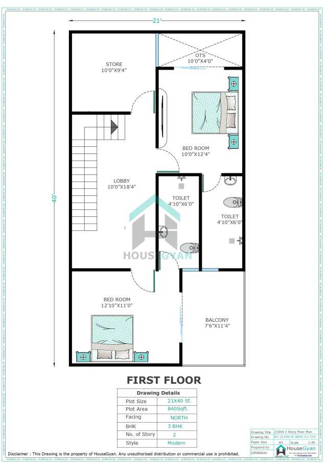 21X40 North Facing 3BHK First Floor House Plan | 840 Sqft Plot Floor Plan 21X40 North Facing 3BHK First Floor House Plan | 840 Sqft Plot Floor Plan