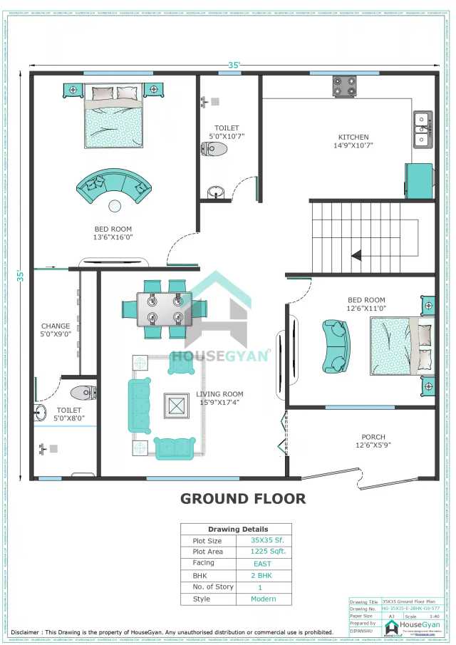35X35 East Facing 2BHK Ground Floor House Plan | 1225 Sqft Plot Floor Plan 35X35 East Facing 2BHK Ground Floor House Plan | 1225 Sqft Plot Floor Plan
