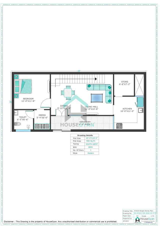 45X20 South West Facing 1BHK Ground Floor House Plan | 900 Sqft Plot Floor Plan 45X20 South West Facing 1BHK Ground Floor House Plan
