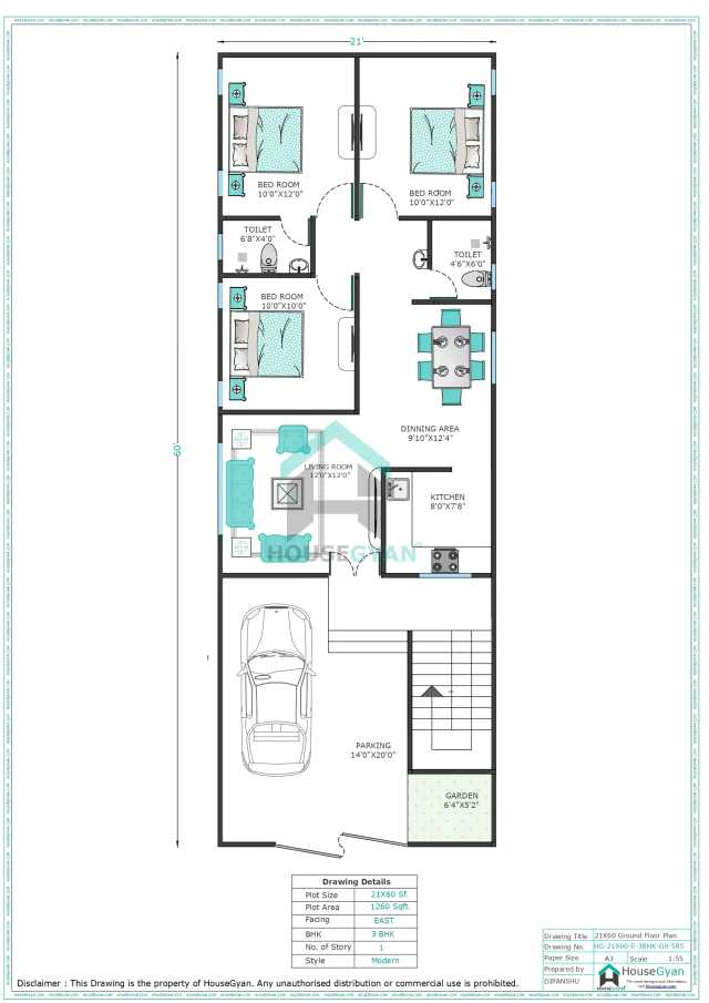 21X60 East Facing 3BHK Ground Floor House Plan | 1260 Sqft Plot Floor Plan 21X60 East Facing 3BHK Ground Floor House Plan