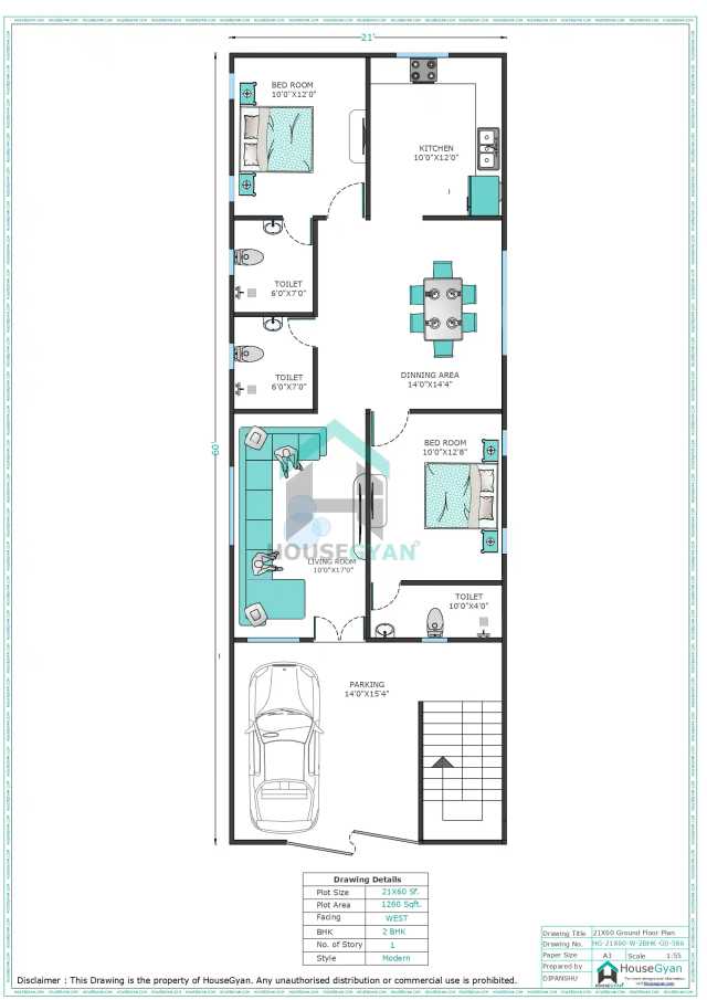 21X60 West Facing 2BHK Ground Floor House Plan | 1260 Sqft Plot Floor Plan 21X60 West Facing 2BHK Ground Floor House Plan | 1260 Sqft Plot Floor Plan