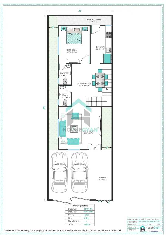 21X60 East Facing 1BHK Ground Floor House Plan | 1260 Sqft Plot Floor Plan 21X60 East Facing 1BHK Ground Floor House Plan