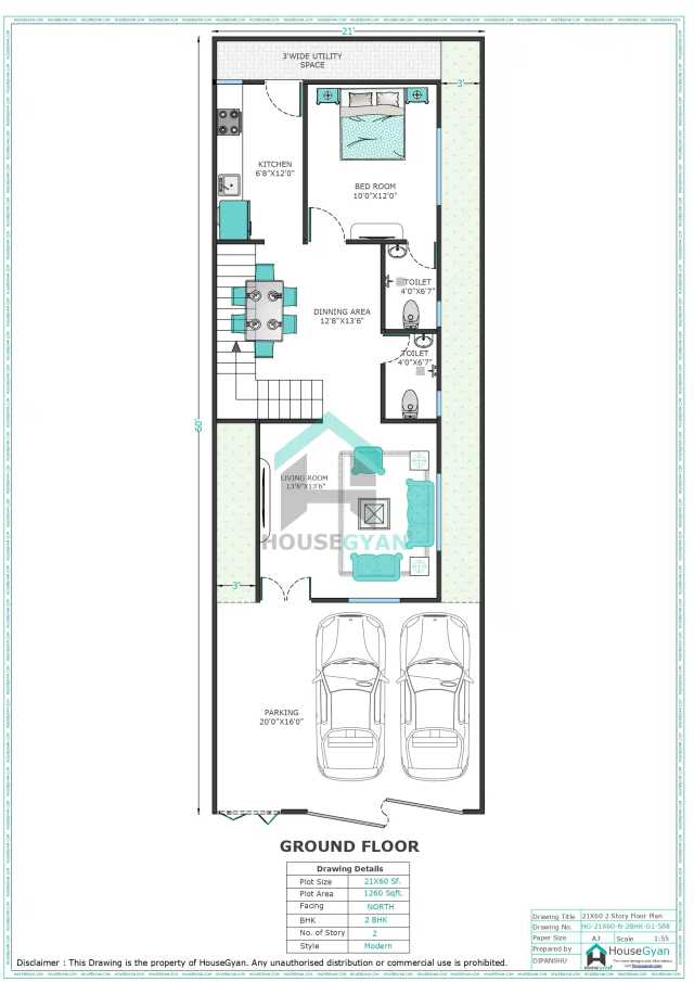21X60 North Facing 2BHK First Floor House Plan | 1260 Sqft Plot Floor Plan 21X60 North Facing 2BHK First Floor House Plan