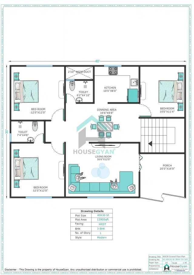 40X30 West Facing 3BHK Ground Floor House Plan | 1200 Sqft Plot Floor Plan 40X30 West Facing 3BHK Ground Floor House Plan