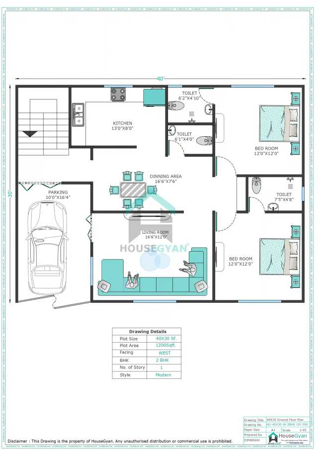 40X30 West Facing 2BHK Ground Floor House Plan | 1200 Sqft Plot Floor Plan 40X30 West Facing 2BHK Ground Floor House Plan | 1200 Sqft Plot Floor Plan