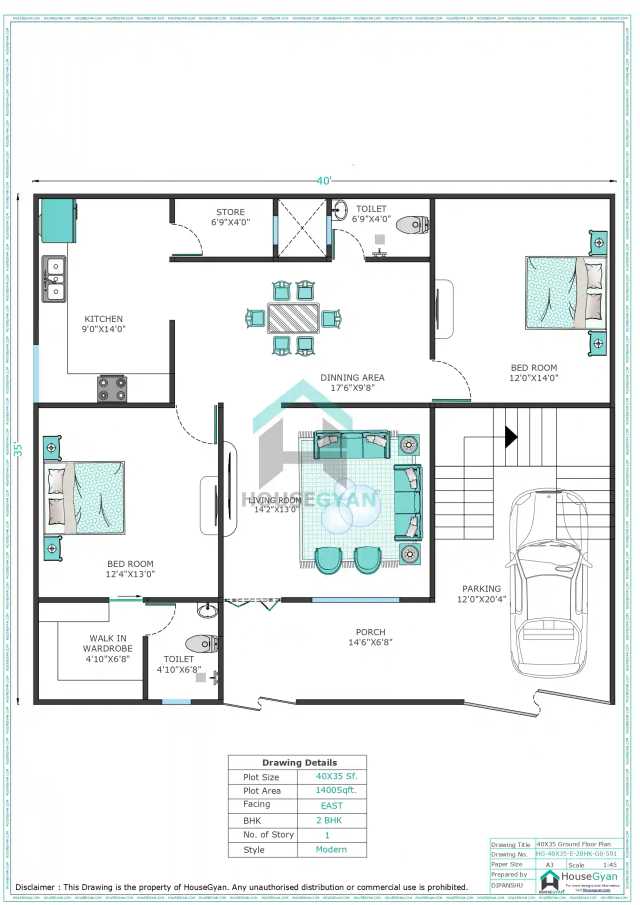 40X35 East Facing 2BHK Ground Floor House Plan | 1400 Sqft Plot Floor Plan 40X35 East Facing 2BHK Ground Floor House Plan