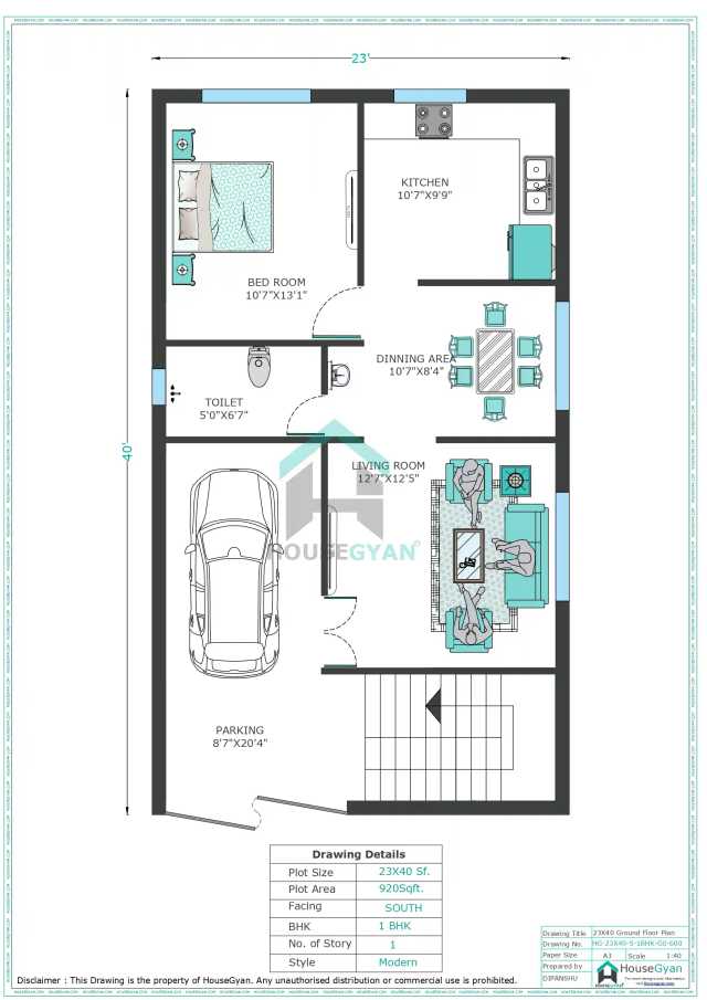 23X40 South Facing 1BHK Ground Floor House Plan | 920 Sqft Plot Floor Plan 23X40 South Facing 1BHK Ground Floor House Plan