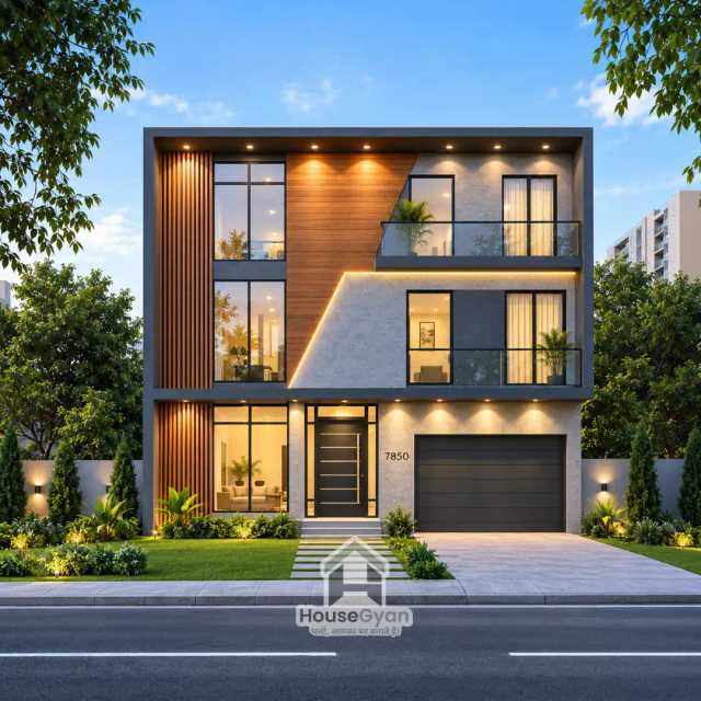 30X60 Modern G+2 House Front Elevation Design | 1800 Sq Ft Plot 30X60 Modern House Front Elevation Design