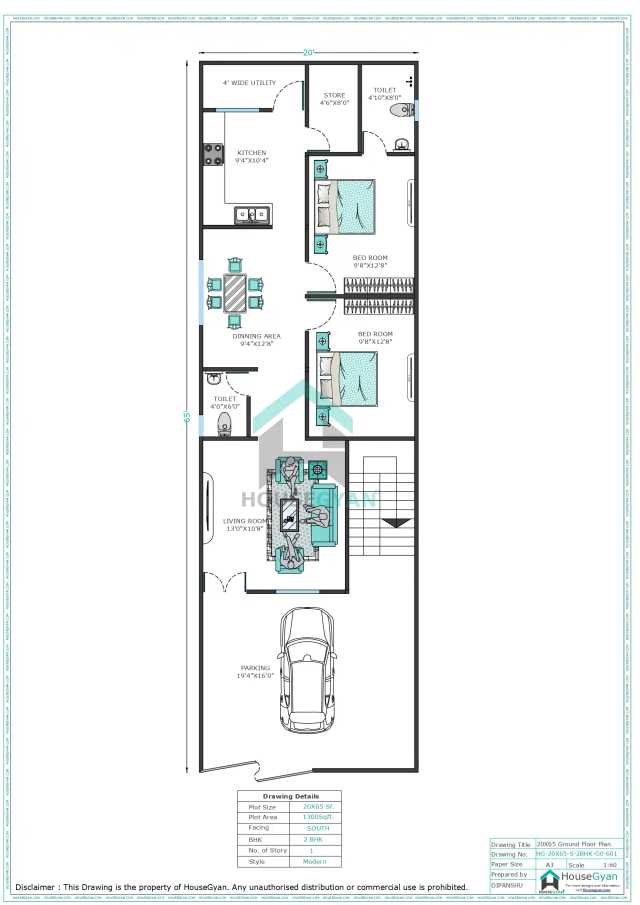 20X65 South Facing 2BHK Ground Floor House Plan | 1300 Sqft Plot Floor Plan 20X65 South Facing 2BHK Ground Floor House Plan | 1300 Sqft Plot Floor Plan