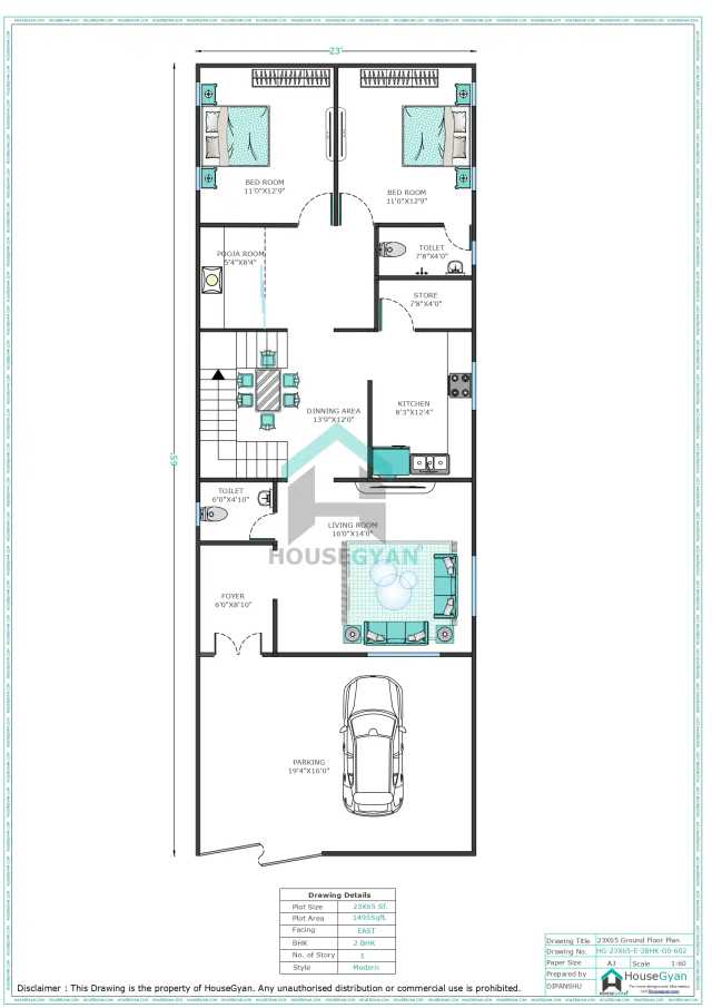 23X65 East Facing 2BHK Ground Floor House Plan | 1495 Sqft Plot Floor Plan 23X65 East Facing 2BHK Ground Floor House Plan