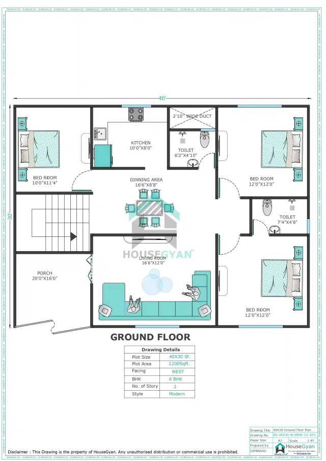 40X30 West Facing 5BHK First Floor House Plan | 1200 Sqft Plot Floor Plan 40X30 West Facing 5BHK First Floor House Plan
