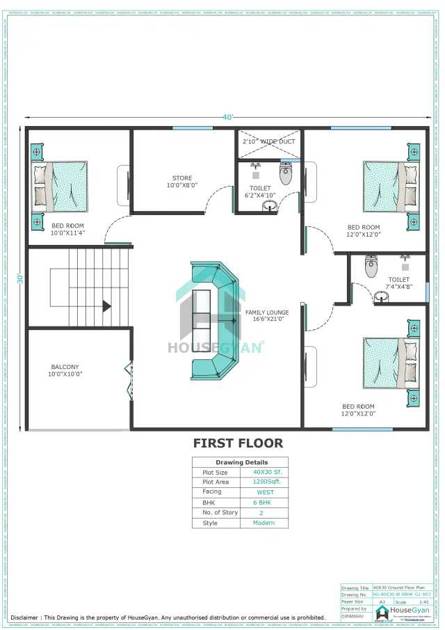40X30 West Facing 5BHK First Floor House Plan | 1200 Sqft Plot Floor Plan 40X30 West Facing 5BHK First Floor House Plan | 1200 Sqft Plot Floor Plan